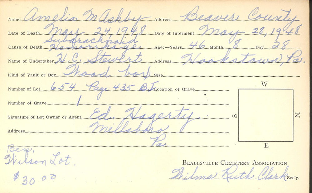 Amelia M. Ashby burial card